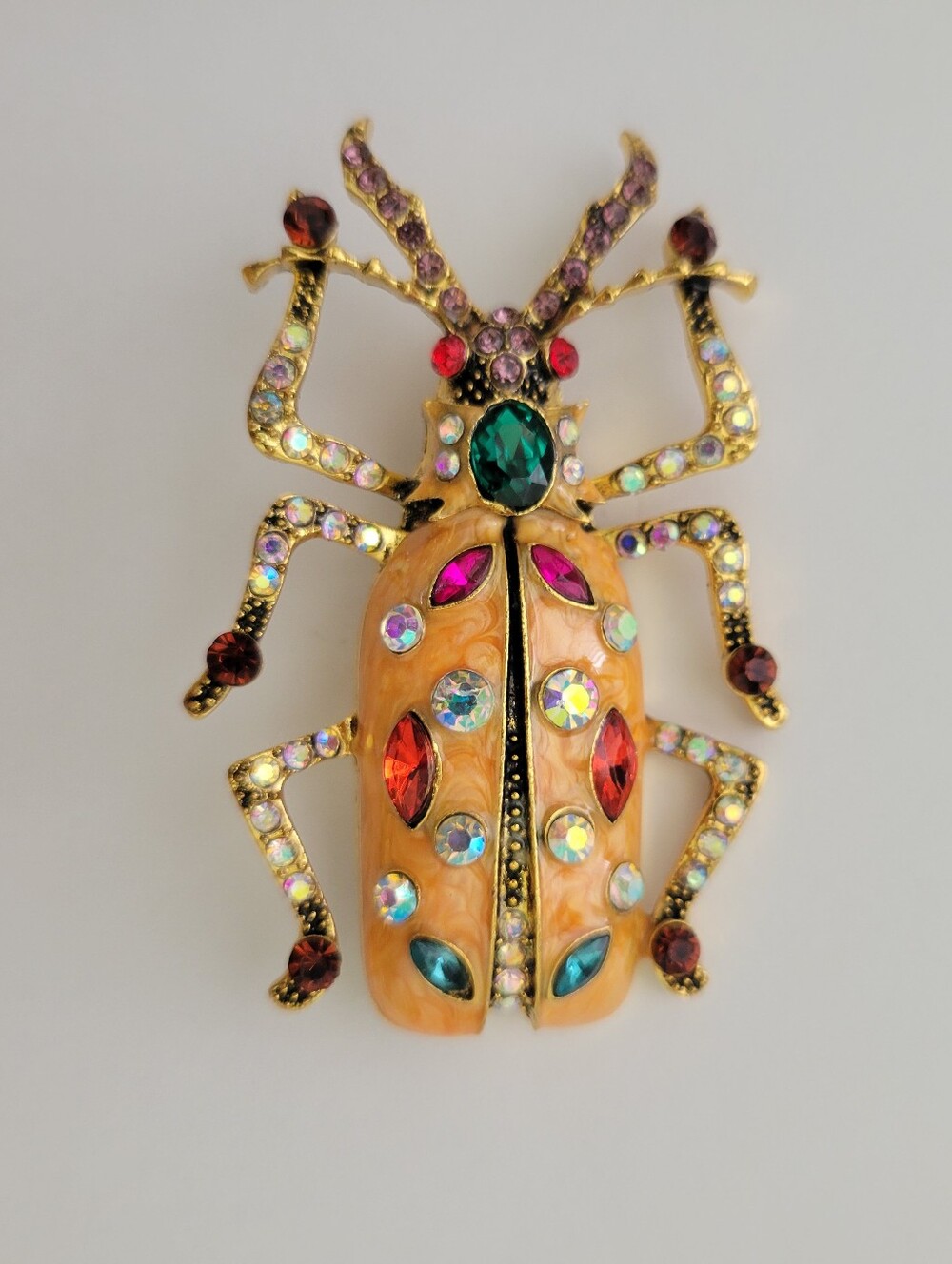 Orange Jeweled Enamel Beetle Brooch Pin With Crystal Rhinestones